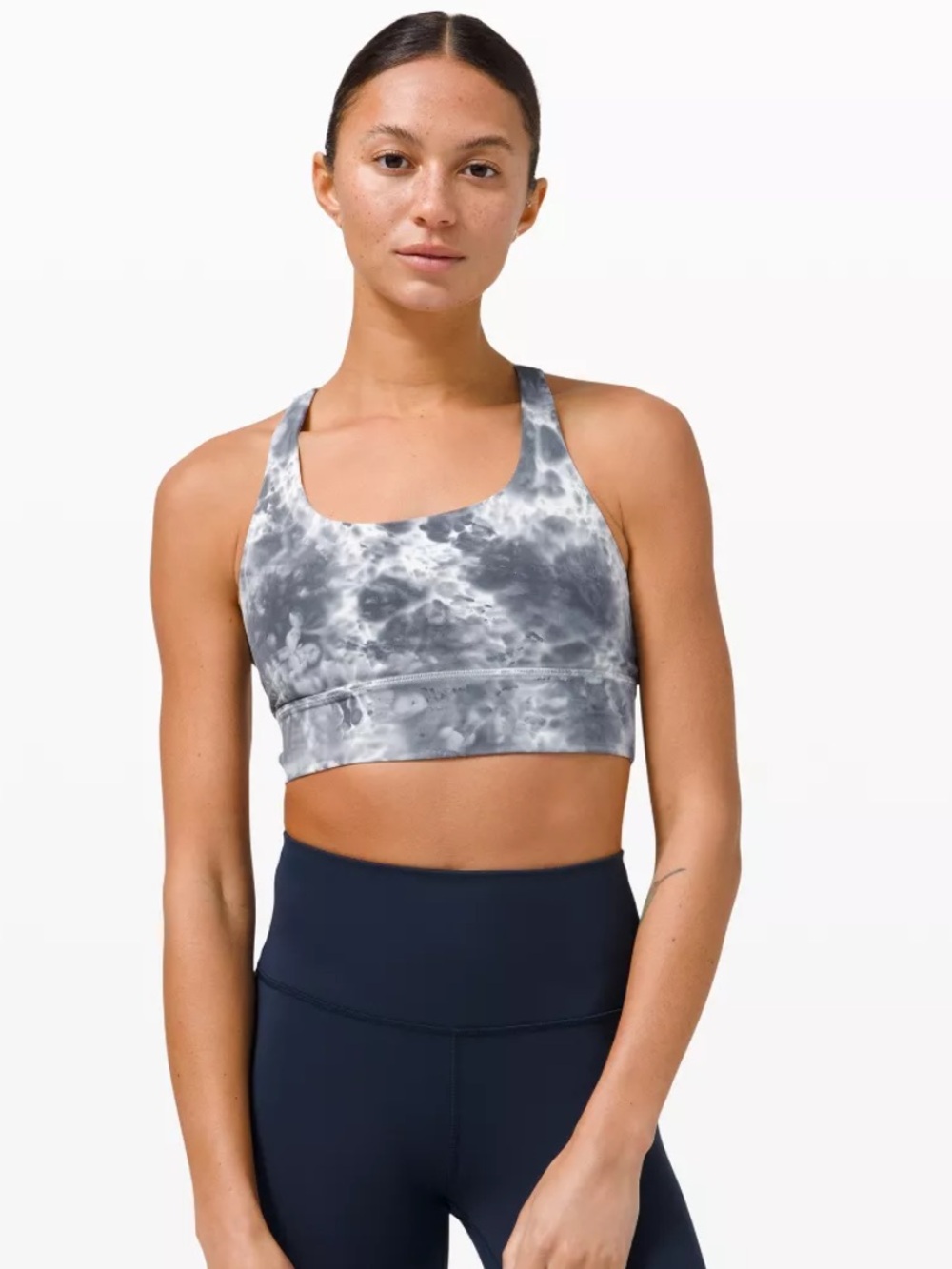 lululemon Energy Bra Long Line Tie-Dye Cropped Top in Gray & White Size 8